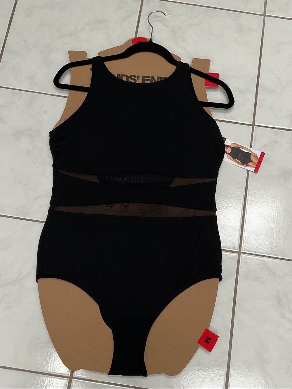 Lands' End Black High-Neck One-Piece Swimsuit with Sheer Panels